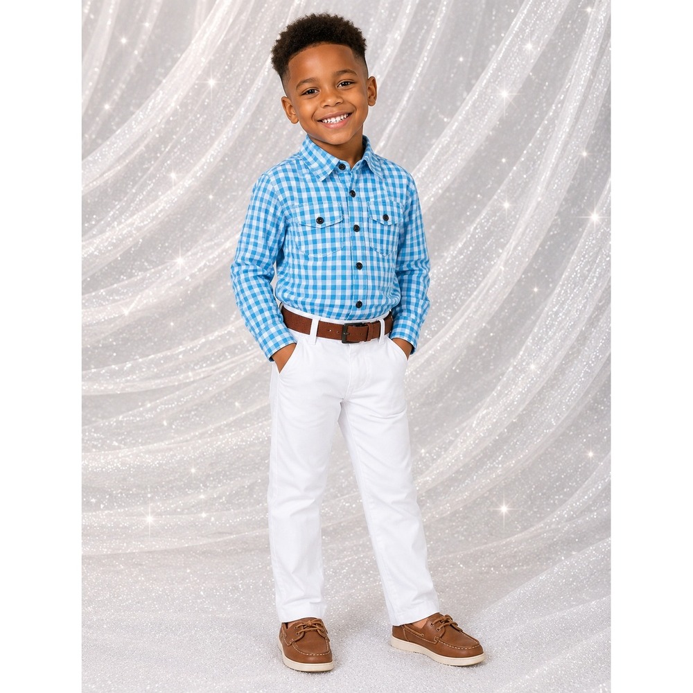Boys Outfit Set Turquoise Gingham Shirt White Pants Size 7